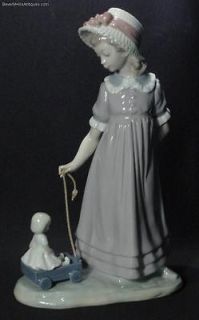 Beautiful Vintage Lladro Figurine Girl With Doll Wagon