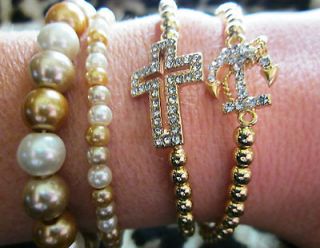 Gold Pearl Bling Anchor Side Cross Stretch Arm Candy Bracelets Set (4)