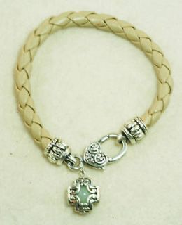 Dangling Jade Cross Charm Heart Faux Leather Bracelet