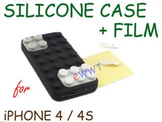 Black Silicone Lego Brick Style Back Cover Case +Film for iPhone 4 4G