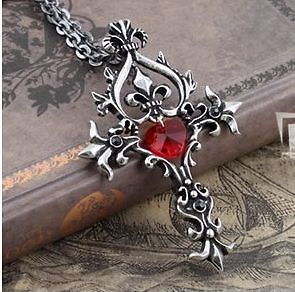 style Vampire Diaries Red Sacred Heart Crystal Memorial cross necklace