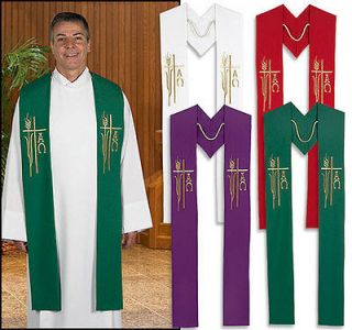 SET OF FOUR CLERGY ALPHA OMEGA STOLES, PURPLE, GREEN, WHITE, RED