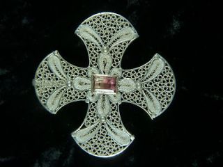 FINE 950 SILVER FILIGREE JEWELRY CROSS PINK TOURMALINE