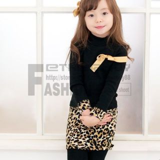 Girl Kids Black&Leopard Dress Chest Yellow Bow Long Sleeve Size 2 6