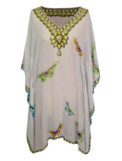 FUNKYASIAN BUTTERFLY PRINTED CRYSTAL EMBROIDERY BEACH COVER UP kAFTAN