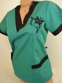 Scrub Hunter Green Black Embroidery Butterfly Poly/Cotton Top XL