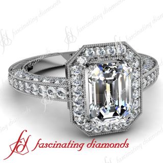 Emerald Cut Diamond Modern Classic Halo Engagement Ring Pave Set SI1 E
