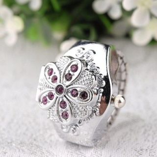 Crystal Flower Charm Ladies Stretchy Watchband Finger Ring Watch