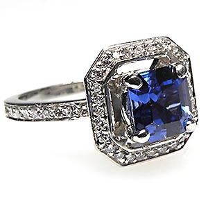 Square Emerald Cut Blue Sapphire & Diamond Halo Engagement Ring Solid