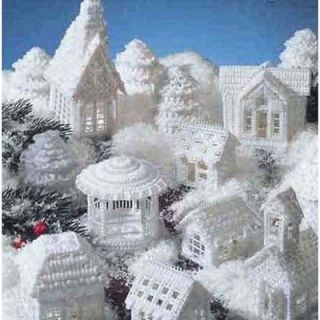 Craft Kit Snow Village 15 pc set Christmas White Church, Gazebo Yarn