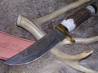 DAMASCUS STAG FNH FOX N HOUND BOWIE HUNTING KNIFE W/ SHEATH CASE NR