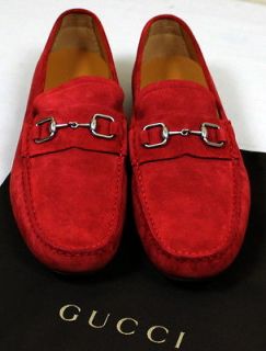 GUCCI SHOES $485 RED SUEDE LOGO HORSEBIT ORNAMENTED VAMP DRIVERS 10