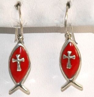 Sterling Silver Onyx Dangle Hook Fish & Cross Style Earrings   25557