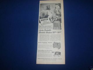 Vintage Rare Original Arvin Heater Ad  1948 13 x 5