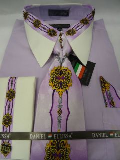 Mens Daniel Ellissa Lavender Medallion French Cuff Dress Shirt Tie Set