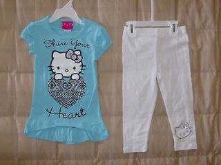 Hello Kitty NWT 2 pc tunic top, capri leggings, aqua & white 4, 5, 6