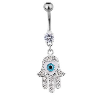 Stainless Steel Judaica Jeweled Belly Ring with Dangling HAMSA Symbol