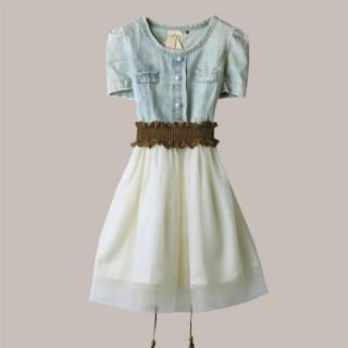 Vintage Jean Denim Party Dress Retro Girl Blue Top White Skirt