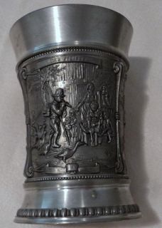 PEWTER CUP   MEN PLAYING INSTRUMENTS   4 1/8 HIGH x 3 TOP DIAMETER