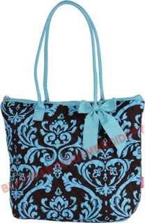 Quilted Diaper Tote Bag Damask Brown Blue Embroidery Rhinestone Option