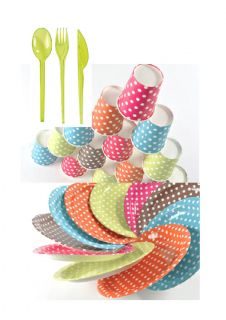PARTY PACK TABLEWARE   POLKA DOT CUPS PLATES CUTLERY   50 pieces   33A