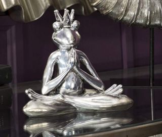 Sitting Yoga Frog Statue Figurine Polystone Home Decor Silver Color