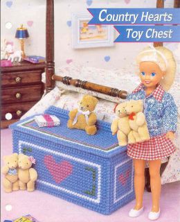 SMALL DOLL ~ COUNTRY HEARTS TOY CHEST ~ plastic canvas pattern