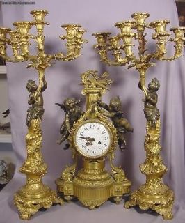 French C.1800 3 Piece Cherub Clock & Candelabras Set