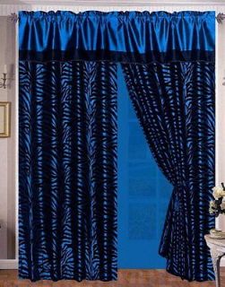 4pcs Faux Silk Navy Blue Black Zebra Window Curtain / Drape Set