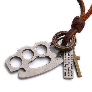 Vintage Brass Knuckles Ring Cross Mens Pendant Leather Chain Necklace