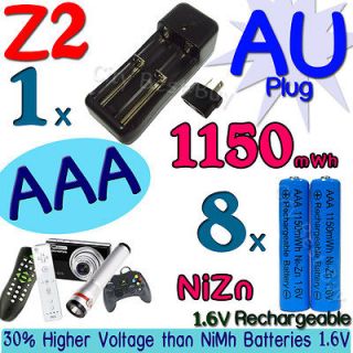 AAA Blue 1150mWh NiZn 1.6V Volt Rechargeable Battery AU Charger Z2