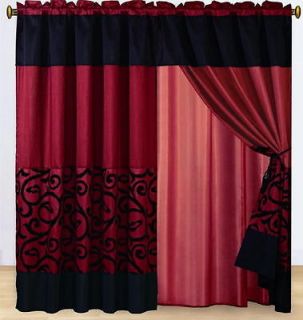 New Burgundy Black Window Flocking Curtain Panels Liner Tassels
