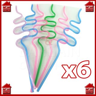 6PK CHILDRENS CRAZY DRINKING STRAWS CURLY FUN BRIGHT NEON COLOUR PARTY