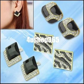 Vintage Cute Black Glazed Rhinestone Square Ear Stud Pin Earrings