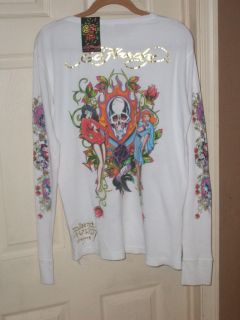 Ed Hardy 100% Cotton Waffle Texture Soft Thermal Long Sleeve Tee XL