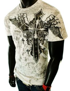NEW MENS WHITE WINGS UFC MMA CROSS FOIL GRAPHIC ANGEL CLUB ROCK STAR T