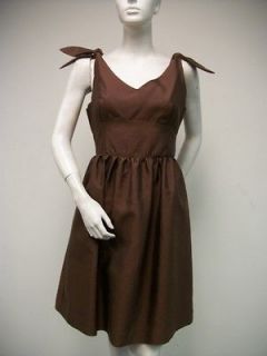 ELIZABETH MCKAY V Cut Shoulder Tie Chocolate Brown Silk Cotton Dress