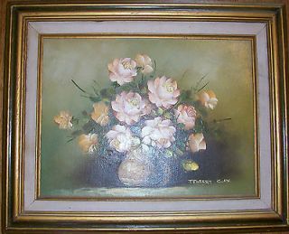 Vintage Shabby and Chic Oil Painting Pink Roses Wood Frame Robert Cox