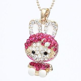 Gold Fuchsia Purple Hello Kitty Bunny Costume Crystal Pendant Necklace