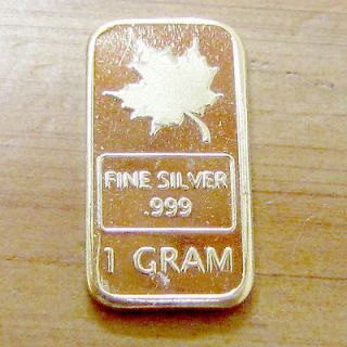 GRAM .999 PURE FINE SILVER DIPPED IN 24K GOLD MAPLE LEAF BULLION BAR