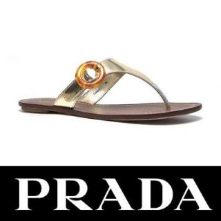 Prada ladies gold Laminated kid leather flat slippers thong Size US 11