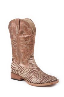 Roper Ladies Brown Gold Glitter ZEBRA Square Toe Cowboy Boots Size 7 8