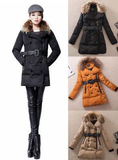 Womens Winter Warm Goose Down Jacket Long Coat Thicken Belted Fur