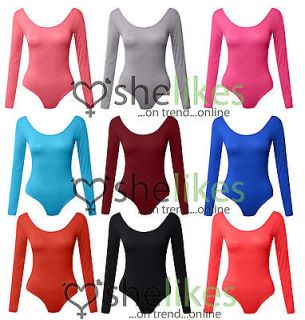 Ladies Stretch Bodysuit Top Womens Long Sleeve Leotard Top 8 10 12 14