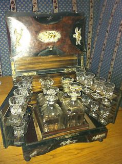 Rare Antique Liquor Chest Tantalus Liqueur Cabinet Glass Decanters