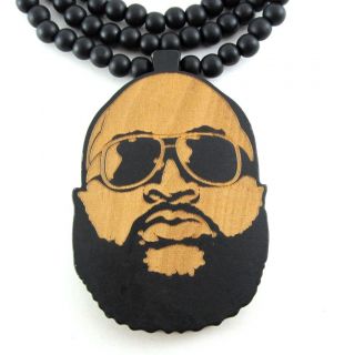 Wooden Rick Ross Face Pendant Piece 36 Chain Bead Necklace Good Wood