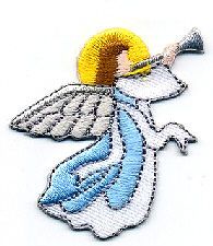 ANGEL BLOWING HORN, EMBROIDERED IRON ON APPLIQUE