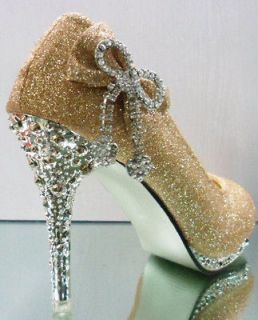 luxury golden bling noble wedding evening party high heels bowknot