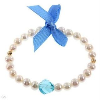 Girl White Pearls Blue Crystal 14k Yellow Gold over 925 Bead Bracelet