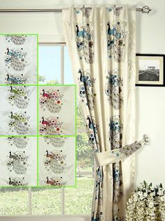 Embroidered Peacocks Back Tab Lined Faux Silk Curtains